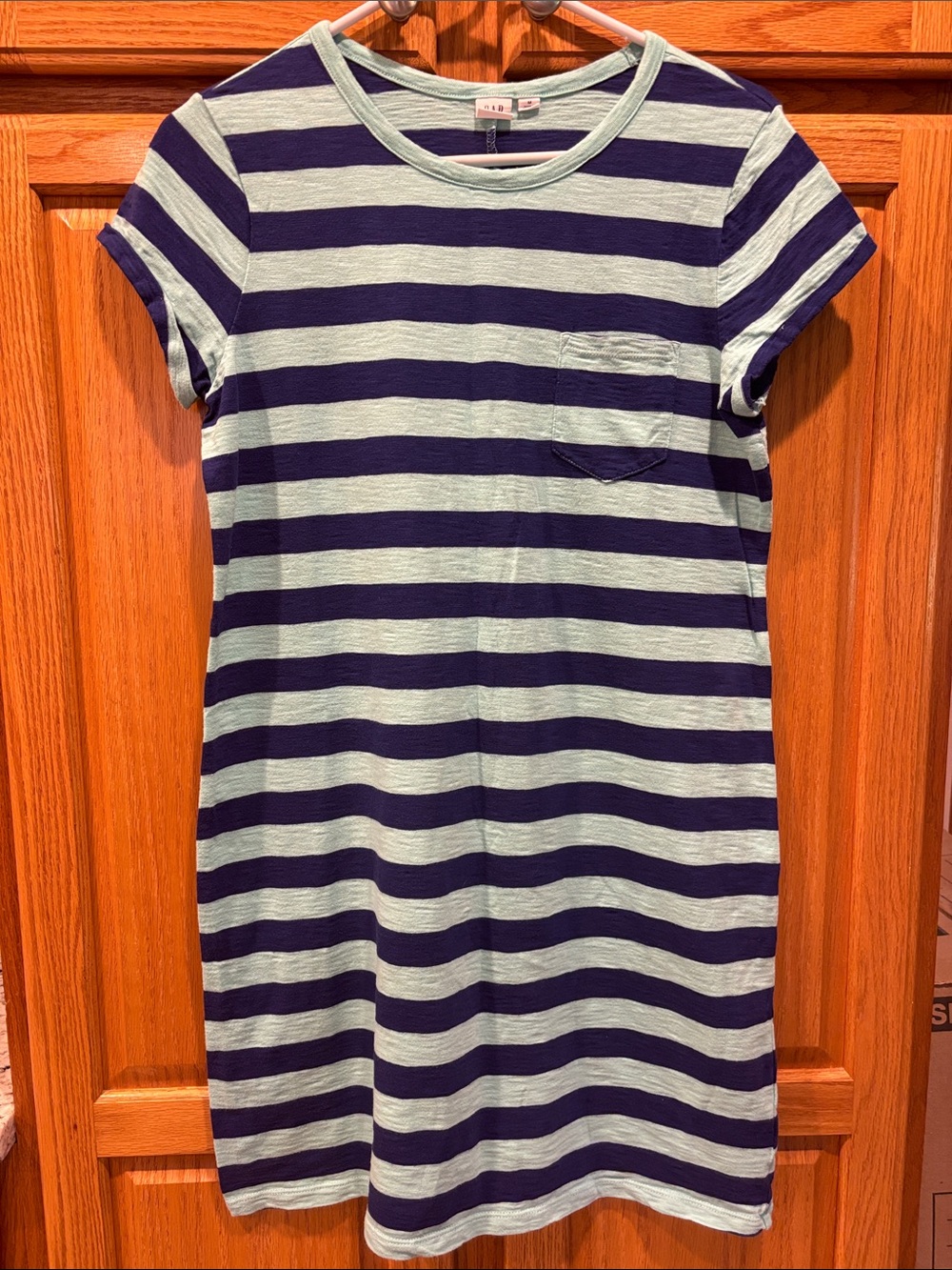 GAP Striped Short-Sleeve Dress in Navy and Light Mint-Size M-